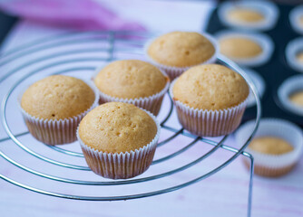  freshly baked cupcakes cool on a grid against a background of blurry pastry molds with muffins. High quality photo