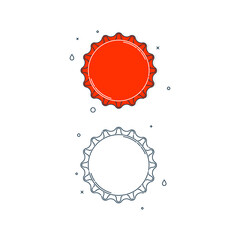 Flat illustration with a bottle cap on a white background. Red cover metal cork. Isolated element. Line art design. Top view. Color version and outline a single drink object