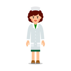 Doctor woman. Cartoon female doctor stands with downcast hands. Cartoon illustration isolated on white background in flat style. Full length portrait of doctor woman, nurse or medical assistant