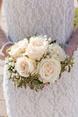 Bridal Bouquet White Roses With Pearl And Leaf Green