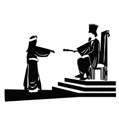Vector drawing of the Persian king Ahasuerus extends the scepter to Queen Esther.
One of the scenes in a scroll read by the Jews on Purim.
Black silhouette.