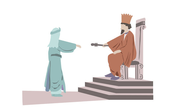 Vector drawing of the Persian king Ahasuerus extends the scepter to Queen Esther.
One of the scenes in a scroll read by the Jews on Purim.