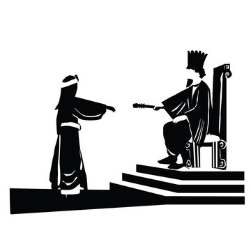 Vector drawing of the Persian king Ahasuerus extends the scepter to Queen Esther.
One of the scenes in a scroll read by the Jews on Purim.
Black silhouette.