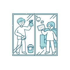 窓拭きをする夫婦