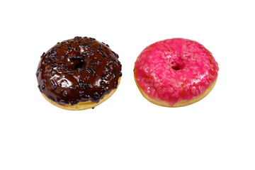 Tasty chocolate and pink donuts isolated on white background