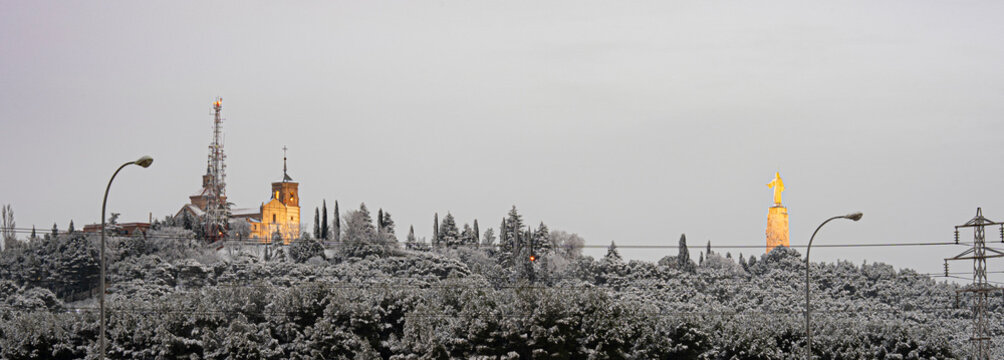 Cerro de los Angeles in the municipality of Getafe after a heavy snowfall, sculpture del Cristo