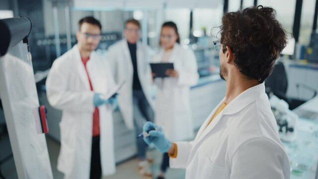 Medical Science Laboratory: Handsome Latin Male Scientist Writes Detailed Project Data Analysis on the Board, His Diverse Team of Colleague Listens. Young Scientists Solving Problems. Elevated Shot