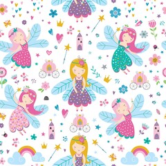 Fototapety  Vector seamless childish pattern with fairy, flowers, rainbow and other elements. Fairy with a magic wand vector illustration. Seamless pattern with cartoon fairy for kids, girl.