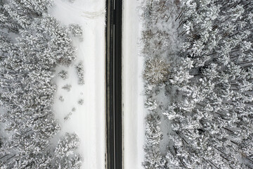 aerial view of the winter road through forest