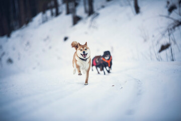Portrait of an Shiba inu in the snow. Dog running in the Snow. Small red shiba inu have fun in the winter