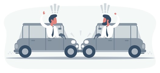Conflict between two drivers on cars, no one wants to give way to each other. Men argue and swear, from car side windows. Road congested. Vector illustration, flat design cartoon style.
