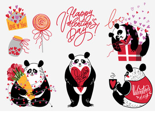 Cute pandas collection with hearts, gift box, lettering Love and bouquet in flat and hand drawn styles. Vector illustration for Valentines day, greeting cards, posters