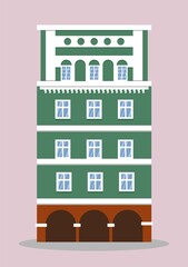 European colorful old house. Dutch style. green historic facade. Traditional architecture of Netherlands or Poland. Vector illustration flat cartoon style.