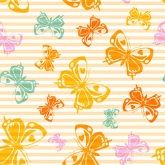 Flying butterfly silhouettes over striped background vector seamless pattern.