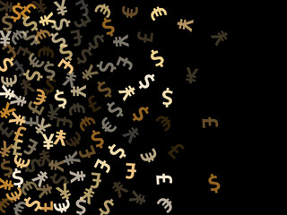 Euro dollar pound yen metallic symbols flying money vector background. Business backdrop. Currency
