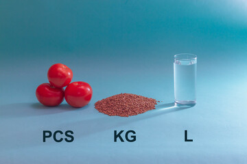 Types of units of measurement for food: kilograms, pieces, liters. Tomatoes, buckwheat, water on a...