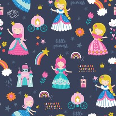 Childish seamless pattern with princess, castle, carriage in Scandinavian style. Creative vector childish background for fabric, wrapping, textile, wallpaper, apparel © Angelina De Sol