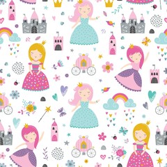 Childish seamless pattern with princess, castle, carriage in Scandinavian style. Creative vector childish background for fabric, wrapping, textile, wallpaper, apparel