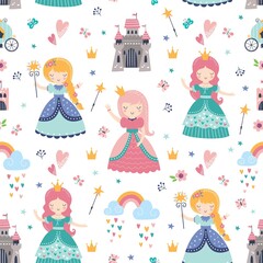 Fototapety  Childish seamless pattern with princess, castle, carriage in Scandinavian style. Creative vector childish background for fabric, wrapping, textile, wallpaper, apparel