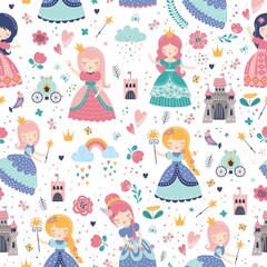 Childish seamless pattern with princess, castle, carriage in Scandinavian style. Creative vector childish background for fabric, wrapping, textile, wallpaper, apparel © Angelina De Sol