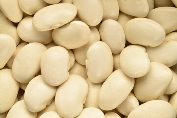 Dried grains of organic white beans, top view.
