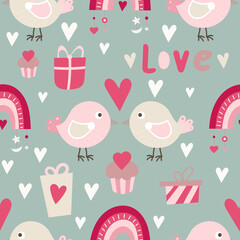 Seamless pattern for Valentines day design with birds and romantic elements. Lettering Love. Vector illustration for packaging. Pattern is cut, no clipping mask.