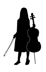 Black silhouette of a girl with a cello isolated on a white background © Fotograf