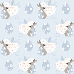 Seamless holiday pattern with eggs and easter bunnies. Funny rabbits on plant background. Nice animals wallpaper.