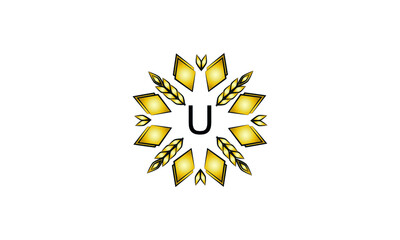Decorative golden logo with geometric shapes and spikelets on a white background. Creative vector sign, illustration of emblem with letter U. Eco emblem.