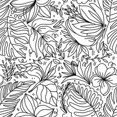 Tropisian palm and flowers seamless pattern in doodle style. Black and white exotic plants. Hand drawn vector illustration on white background