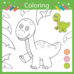 Coloring  pages.  Activity for kids. Drawing tutorial with cute dinosaur apatosaurs. Children funny education riddle. Kids art game. Vector illustration.