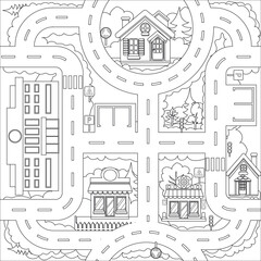 Children coloring page for book. City maze road and building. Kids labyrinth game and activity page. Find the right path. Funny riddle. Education art worksheet. Vector illustration.