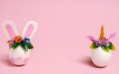 Easter eggs unicorns and rabbit on a pastel pink background. Copy space. Minimal pink Easter card.