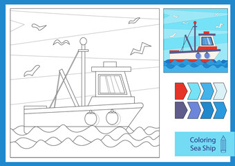 Coloring page for book. Drawing worksheets with a sea ship. Children colouring page. Drawing lesson for kids. Activity art game with vehicle. Vector illustration.