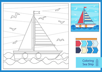Flat sea ship. Coloring page. Drawing worksheets.  Game for kids. Vector illustration.