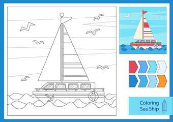 Fototapeta na wymiar Landscape with a cartoon sea ship. Children colouring page. Drawing lesson for kids. Activity game. Vector illustration.