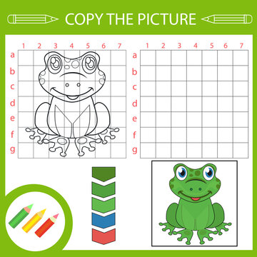 Drawing tutorial. Draw a frog. Activity page. Worksheet for kids. Drawing using grid lines. Coloring page. Vector illustration.