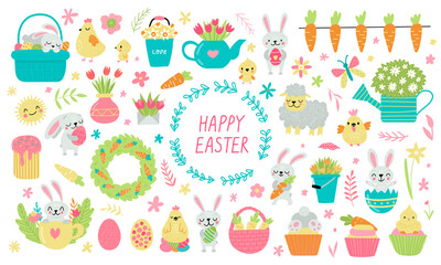 Set of cute Easter cartoon characters and design elements. Bunny, chickens, eggs and flowers. Vector illustration