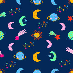 Seamless pattern on a blue background, in vector graphics - space elements in cartoon cute style. For decorating wallpaper, textiles, covers, prints for wrapping paper, clothing, packaging