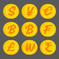 Gold coins with currency symbol icon vector. Flat design.