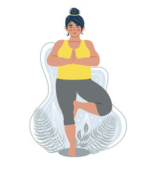 Plus size woman doing yoga on the natural background. Illustration for yoga, meditation, relax and healthy lifestyle. Vector illustration in flat cartoon style.