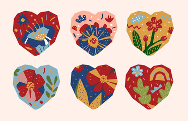 Set of hearts with flowers and leaves in paper cut style. Bright colors. Valentine's Day concept. Vector illustration isolated on background