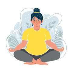 Plus size woman meditating and sitting in lotus on the natural background.  Concept illustration for yoga, meditation, relax and healthy lifestyle. Vector illustration in flat style
