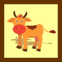 Caw brown cartoon orange, vector illustration on yellow and brown background