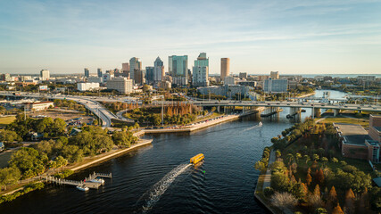 Tampa, FL USA - 1-20-2021: Grandious aerial view over the Hillsborough river leading to downtown...