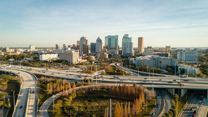 "Tampa, FL USA - 1-20-2021: Aerial view overtop Interstate 275 with downtown Tampa pictured in the background.