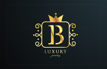 B monogram golden metal alphabet letter logo icon. Creative design with king crown for luxury company and business
