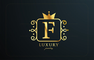F monogram golden metal alphabet letter logo icon. Creative design with king crown for luxury company and business