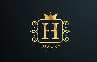 H monogram golden metal alphabet letter logo icon. Creative design with king crown for luxury company and business