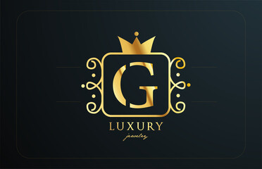 G monogram golden metal alphabet letter logo icon. Creative design with king crown for luxury company and business